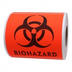 Hybsk Biohazard Warning Labels 4 x 4 inch Fluorescent Red-Orange Hazardous Stickers | 100 Labels/Roll