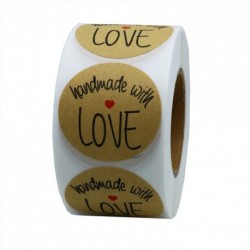 Hybsk 1.5" Inch Round Natural Kraft Handmade With Love Stickers with Black Font Total 500 Adhesive Labels Per Roll (1 Roll)